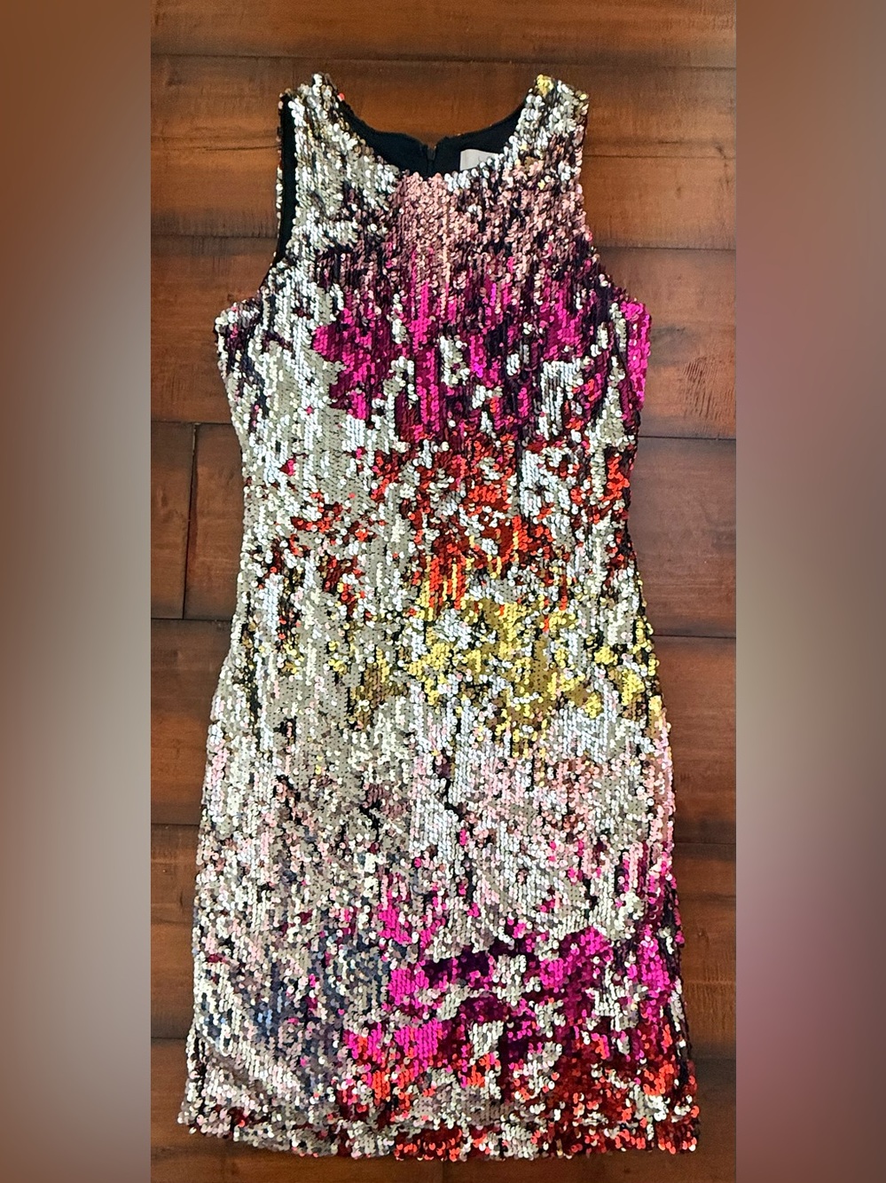 Badgley Mischka Multicolor Sequin Sheath Dress — Pink, Gold, Yellow, Black